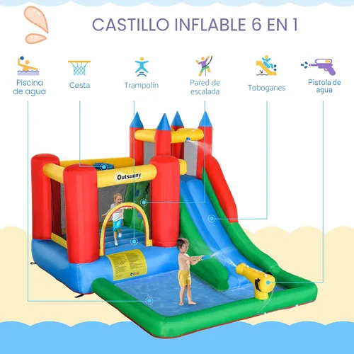 Vista 3 de Outsunny Tobogán acuático inflable 6 en 1 para niños con piscina, cañón de agua, pared de escalada, inflador incluido, castillo de salto para niños