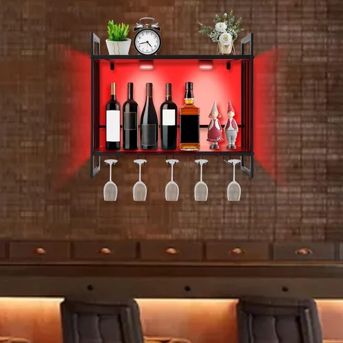 Vista 5 de Estante de vino LED montado en la pared, estante para botellas de vino, soporte de metal para colgar vino con 5 soportes de vidrio para almacenar