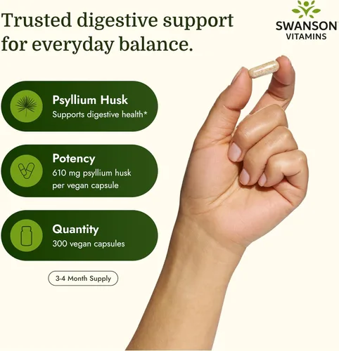 Vista 3 de Swanson Suplemento dietético de fibra de cáscara de psyllium, 610 mg, 300 cápsulas Promotes Overall Health and Easier Elimination, Supports a