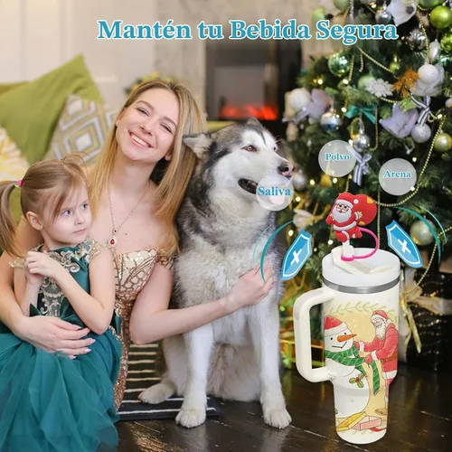 Vista 8 de 4 piezas de adornos para popote de Navidad, cubierta de popote Stanley de Amreich Christmas Stanley, vaso de 30 onzas y 40 onzas con asa, fundas