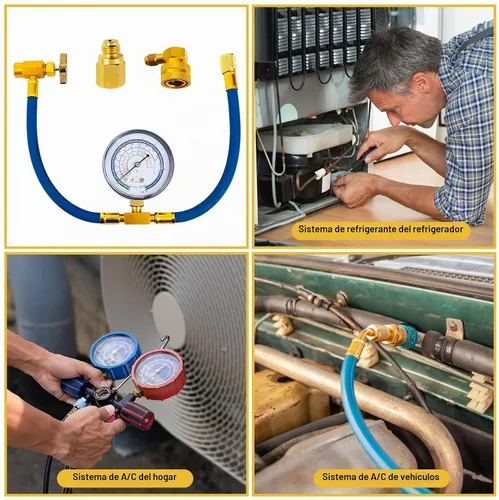 Vista 7 de Kit de recarga de refrigerante R134a, kit de manguera de recarga de CA con manómetro, manguera de recarga de grifo de freón R134a con acoplador