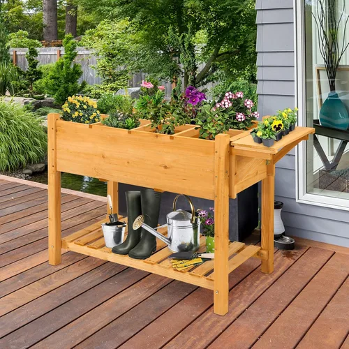 Vista 2 de GIANTEX Maceta elevada, caja de jardín elevada con 8 rejillas y mesa de trabajo lateral, contenedor de madera para plantas al aire libre patio