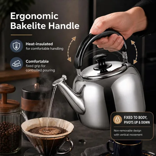 Vista 7 de Hervidor de té silbante, acero inoxidable 316 de grado alimenticio, agua caliente rápida de hervir, hervidor de cocina con mango ergonómico