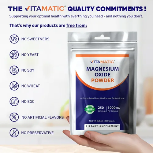 Vista 6 de Vitamatic Polvo de óxido de magnesio – 1000 mg por porción – 250 porciones – Suplemento de magnesio de alta absorción – 600 mg de magnesio elemental