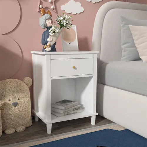 Vista 3 de Mesita de noche de madera para dormitorio con 1 cajón y 1 compartimento abierto (blanco)