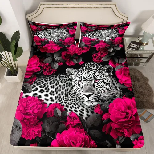 Vista 41 de Erosebridal Juego de sábanas bajeras de rosas rojas y leopardo, tamaño individual, diseño de animales africanos salvajes, diseño de plantas