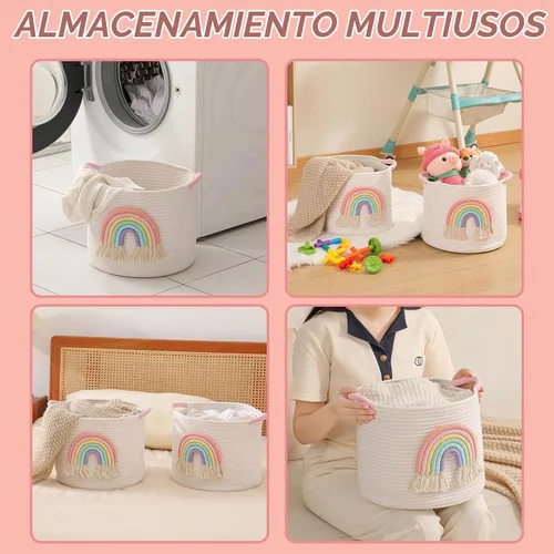 Vista 6 de Cestas de almacenamiento de juguetes cesta de almacenamiento de cuerda de algodón tejida con decoración de arco iris para niños, cestas de manta