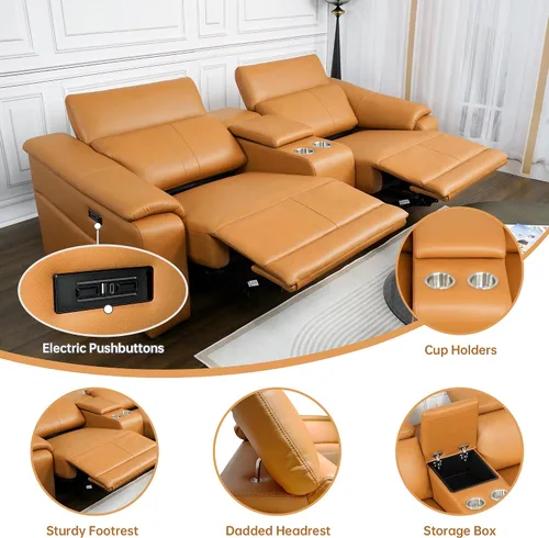 Vista 3 de Sofá reclinable eléctrico de dos plazas, sofá modular reclinable con reposacabezas ajustable y reclinable eléctrico, cuero transpirable con consola