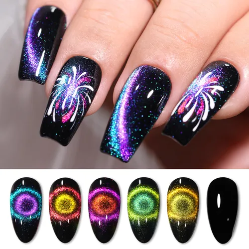 Vista 24 de Double Rhythm Juego de esmaltes de gel de ojo de gato, 6 colores, purpurina brillante con imán, holográfico, reflectante, magnético, UV, kit de arte