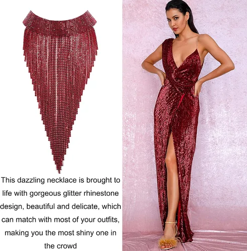 Vista 2 de Flyonce - Collar con diamantes de imitación para mujer gargantilla con borla estilo pechera joyería para fiesta formal