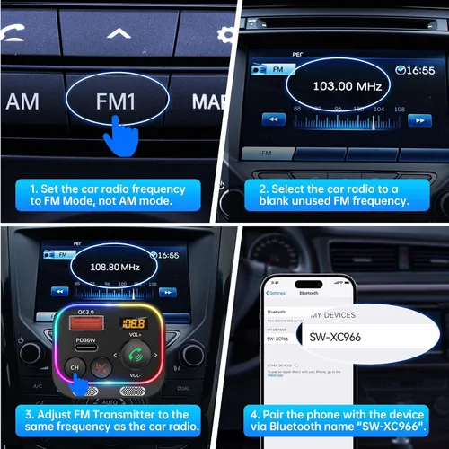 Vista 8 de Syncwire Bluetooth 5.4 Transmisor FM Adaptador de coche 54W (PD 36W y 18W) [Micrófonos duales más fuertes] [Interruptor de luz]