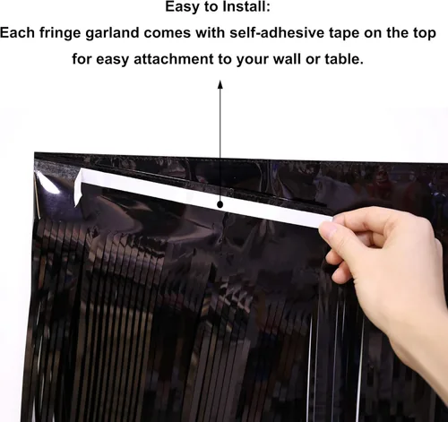 Vista 5 de Guirnalda gruesa de flecos de papel de aluminio negro de 10 pies por 15 pulgadas, paquete de 3, pancarta de oropel metálica brillante
