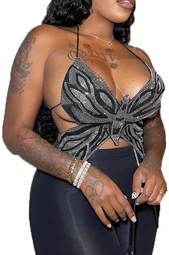 Vista 4 de Formery Sujetador sexy con diamantes de imitación Y2K para mujer, camiseta sin mangas negra con mariposa, discoteca, fiesta, festival, tops cortos