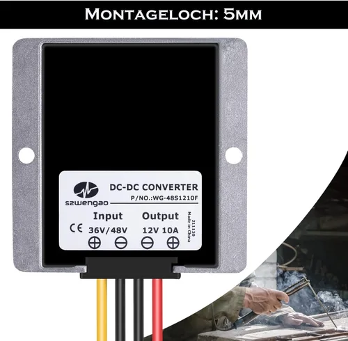 Vista 4 de Reductor de voltaje de 48V a 12V 10A 120W, convertidor DC-DC para carrito de golf, regulador de voltaje reductor IP68 impermeable con fusible