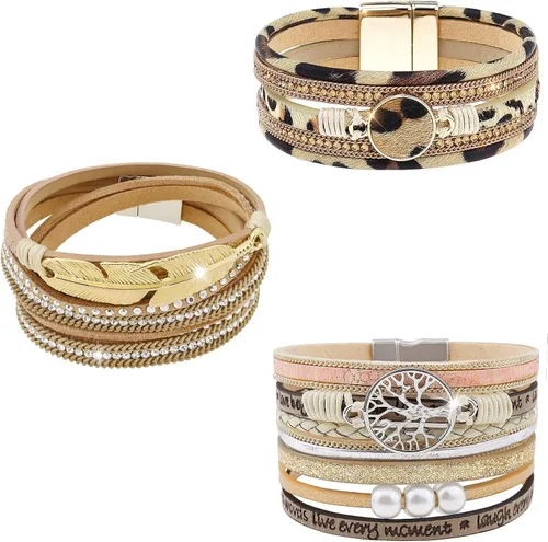 Vista 10 de Wowanoo - Juego de 3 pulseras de cuero de varias capas con cierre magnético para mujer, con cristales, ramas de árbol pulseras para mujer.