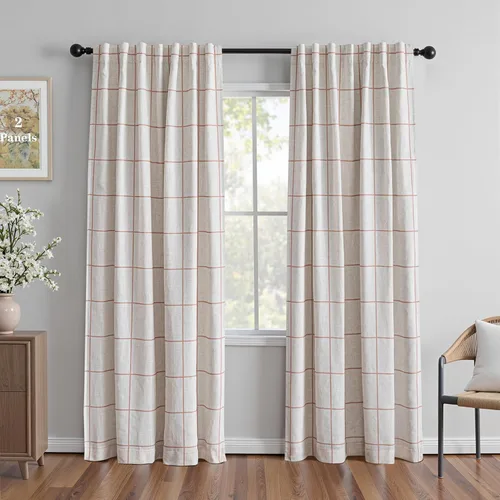 Vista 9 de MYSKY HOME Cortinas de Lino a Cuadros 100% Opacas de 45 Pulgadas de Largo de Doble Capa Estilo Granja con Aislamiento Térmico Estampado a Cuadros