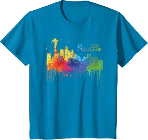 Vista 37 de Seattle Washington Skyline Watercolor Souvenir Seattle Camiseta, Negro