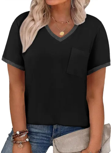 Vista 54 de Eytino Blusas de talla grande para mujer, cuello en V, manga corta, a rayas, casual, holgada, con bolsillo (1X-5X)