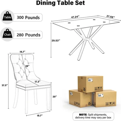 Vista 3 de Juego de comedor moderno de cristal de lujo de 5 piezas, juego de comedor rectangular minimalista para 4, juego de mesa de cocina de vidrio