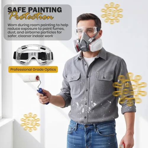 Vista 5 de Máscara respiradora para pintura en aerosol, carpintería, soldadura, polvo y seguridad general con gafas transparentes, 10 filtros de repuesto