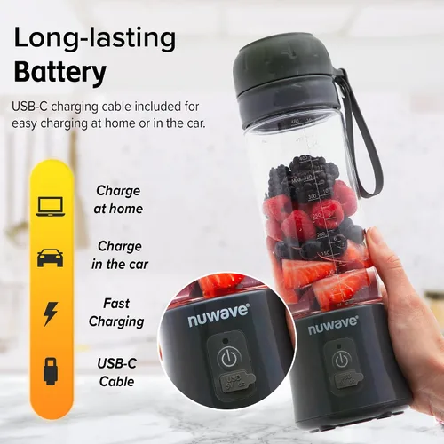 Vista 3 de Nuwave Licuadora personal de 16 onzas, ligera y portátil para batidos y licuados, 6 cuchillas, recargable por USB, tapa a prueba de fugas, sin BPA