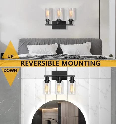 Vista 4 de Lámparas de baño, 3 luces, lámpara de tocador negra con pantalla de vidrio transparente, lámpara de pared moderna con marco de metal, lámparas