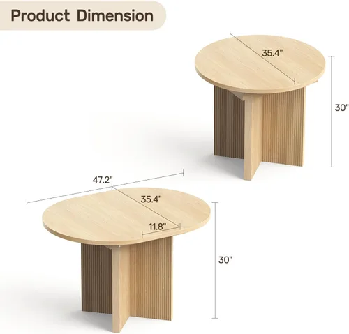 Vista 2 de Mesa de comedor extensible, redonda de 35.4 pulgadas a 47.2 pulgadas, mesa de comedor de madera ovalada con hoja de extensión, moderna mesa