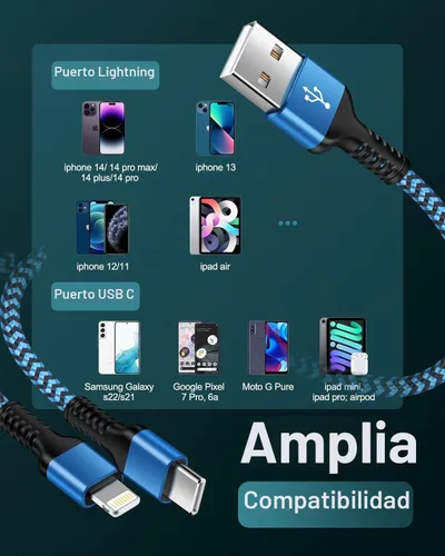 Vista 7 de Paquete de 3 cables de carga rápida 2 en 1 de Apple y Android USB a Lightning y USB-C 2 en 1 para iPhone 17e 17 17Pro 16e 16 15 14 Pro Max Plus 13