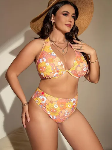 Vista 5 de SOLY HUX Traje de baño de 2 piezas para mujer, talla grande, estampado floral, halter y aros