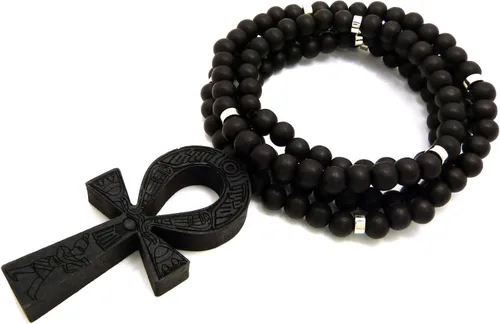 Vista 3 de Collar de cuentas de madera de 0.315in de 0.315in de 35.8in con diseño de llave de vida de Egipto, color negro, marrón