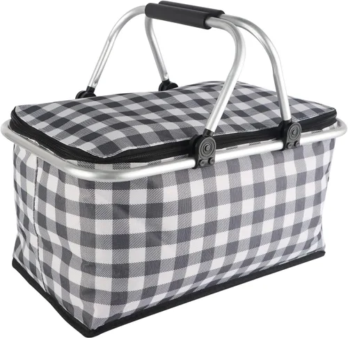 Vista 15 de Cesta de picnic aislada, bolsa enfriadora plegable, cesta de comestibles de 32 litros con tapa, 2 asas resistentes, cesta de almacenamiento