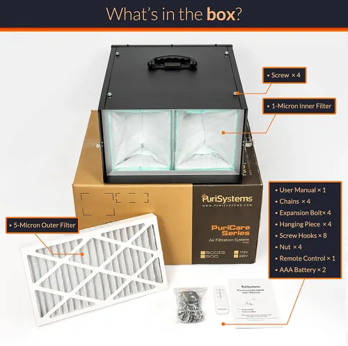 Vista 9 de Sistema de filtración de aire remoto de 3 velocidades PURISYSTEMS, filtro de aire colgante PuriCare 500 con control remoto RF para carpintería