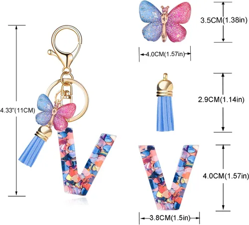 Vista 3 de Llavero de letra inicial del alfabeto de moda, borla y mariposa, llavero para bolso, bolsos de mano para mujeres y niñas