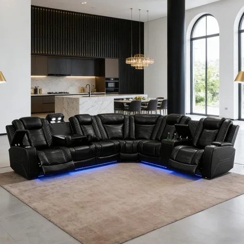 Vista 46 de Juego de sofá seccional reclinable de cuero, sofá seccional con 4 sillones reclinables Juegos de muebles de sala con 3 reclinables, luz LED