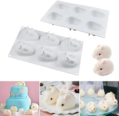 Vista 2 de Molde de silicona para pastel de conejo de 6 cavidades para mousse de chocolate, postre, jalea, pudín, helado, pastelería, pan, horno, herramientas