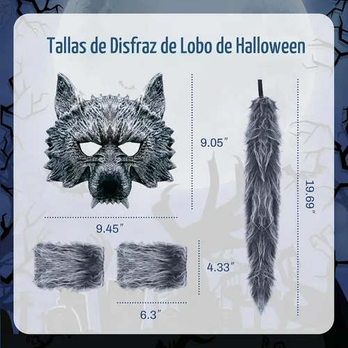 Vista 5 de D-Fokes Juego de disfraz de lobo de 4 piezas, accesorios de disfraz