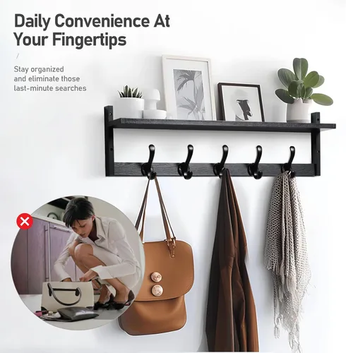 Vista 3 de Tatub Perchero de pared de 29 pulgadas con estante, ganchos de pared de madera con almacenamiento, estante de entrada con 5 perchas para baño, sala