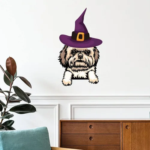 Vista 9 de Guangpat Calcomanías de pared de Halloween, brujas, bull terrier, decoración en miniatura, calcomanías de Feliz Halloween, decoración de pared