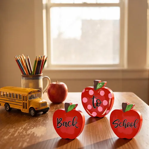 Vista 5 de Decoración de mesa de madera Smile Back to School – Letreros de escritorio «Back to School» de manzana roja – Decoración para el aula y la oficina