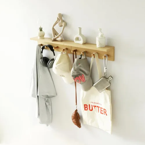 Vista 7 de Perchero de pared con estante, estante flotante de madera resistente con ganchos para ahorrar espacio interior, organizador de pared adecuado