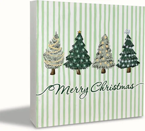Vista 13 de KEUSPI Cartel de madera rústica rosa con texto en inglés "Merry Christmas", decoración de escritorio de Navidad preparada, árbol de Navidad, caballo