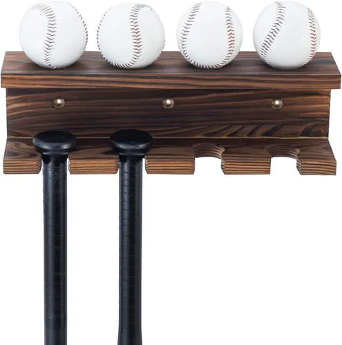 Vista 5 de MyGift Soporte de madera para bate de béisbol y estante de exhibición de bolas, estantes flotantes de recuerdos deportivos montados en la pared