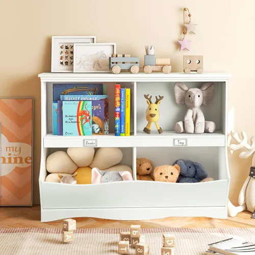 Vista 12 de Costzon Organizador de almacenamiento de juguetes, estantería para niños de 4 compartimentos con estribo y tarjeta de nombre, estantería de madera