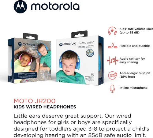 Vista 2 de Motorola Sound JR200 - Auriculares para Niños con Cable - Limitación de volumen 85 dB con Divisor de Audio - Libre de BPA - A partir de 3 años - Azul
