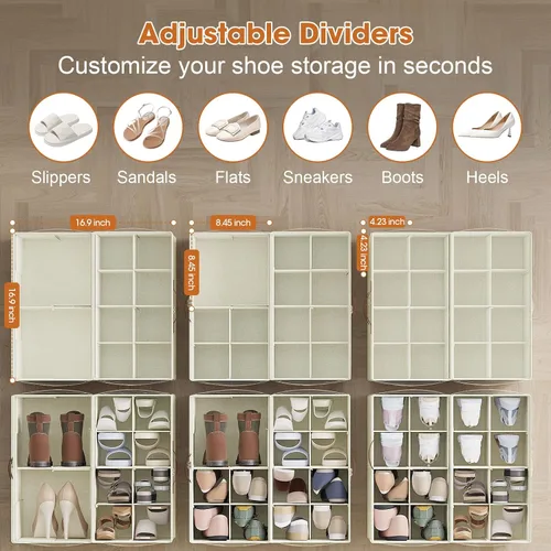Vista 2 de Organizador de zapatos para armario, paquete de 2 cajas plegables de almacenamiento de zapatos con divisores ajustables y cubierta transparente, se