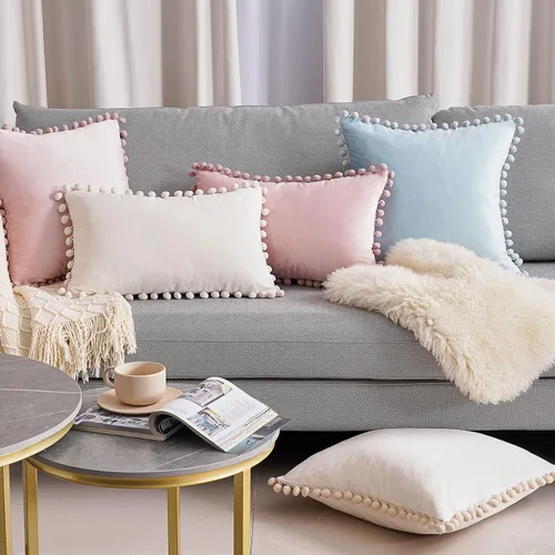 Vista 8 de Top Finel juego de 2 fundas decorativas con pompones para almohada euro, de terciopelo suave, lisas, para sofá, dormitorio o automóvil, 26 x 26 Rosa