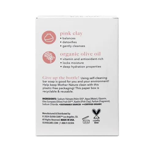 Vista 2 de Olivia Care Jabón en barra de arcilla rosa 100% natural, vegano y orgánico – para rostro y cuerpo – Desintoxica, exfolia, hidrata, hidrata