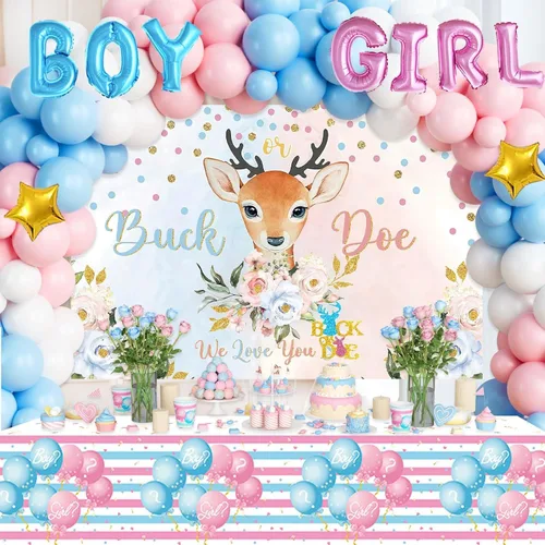 Vista 7 de Buck or Doe - Decoraciones de revelación de género, suministros de revelación de género rosa y azul para niño o niña, telón de fondo, pancarta