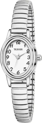 Vista 10 de Relojes pequeños de oro para mujer, reloj analógico de esfera fácil de leer, caja ovalada, banda de expansión de acero inoxidable, reloj impermeable