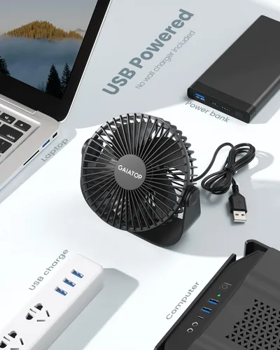 Vista 6 de Gaiatop Ventilador de escritorio USB, flujo de aire fuerte de 3 velocidades, portátil de 5.5 pulgadas, rotación de 90°, refrigeración silenciosa